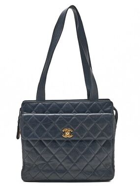 CHANEL Chanel Caviar Skin Matelasse Turn Lock Tote Bag Navy Gold-Tone Hardware